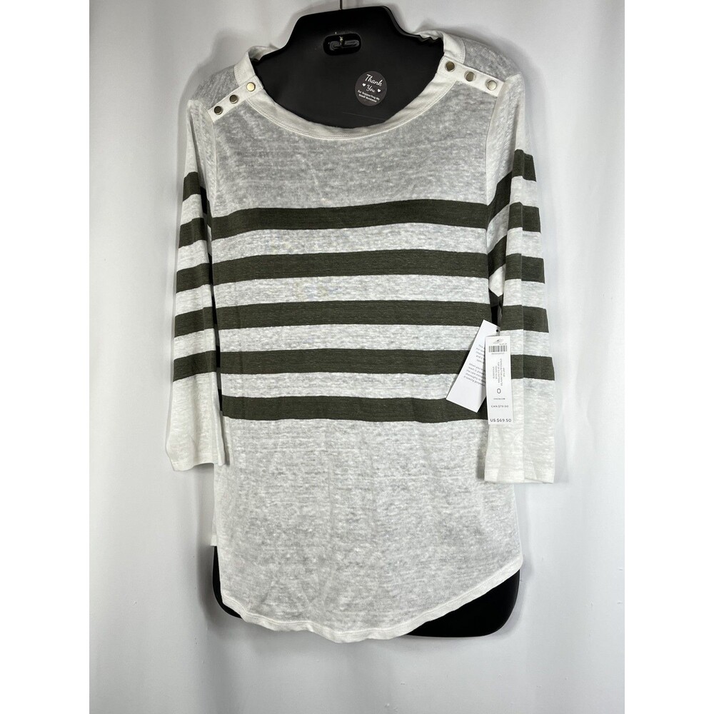 Chico's Shirt NWT Womens 0 S Green Stripe Boat Neck 3/4 Sleeve Linen Tee Top